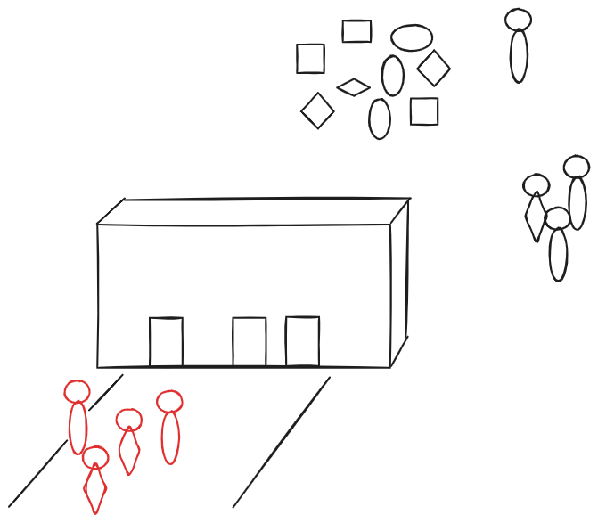 Menschen vor der Mauer rot umrahmt